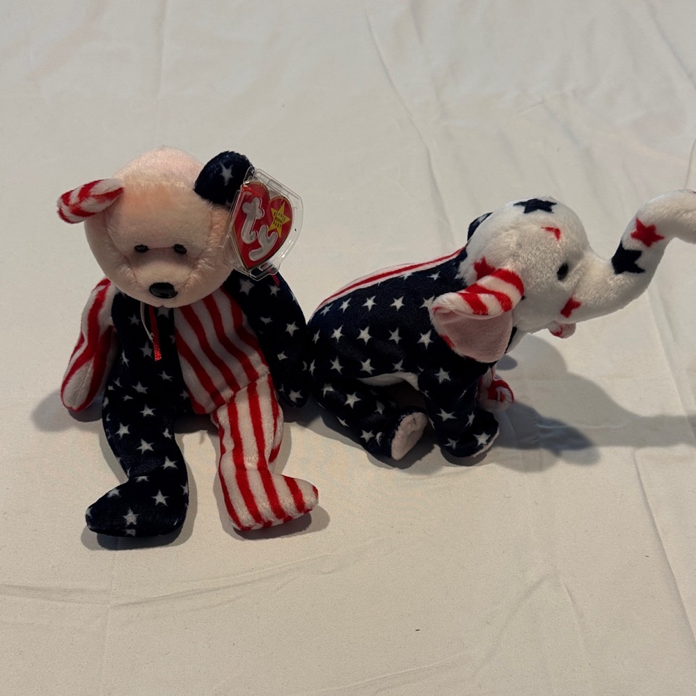 Vintage Ty Patriotic Bear and Elephant Plush Set